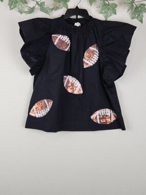 ODDY Women's Size S Black Football Sequin Path Ruffle Sleeve Cotton Top Blouse